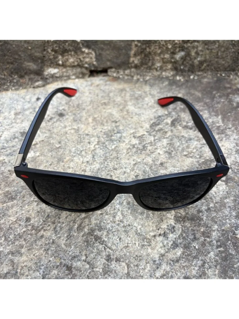 Matte Black Wayfarer Style Sunglasses Red Accent Grip Sport Performance New